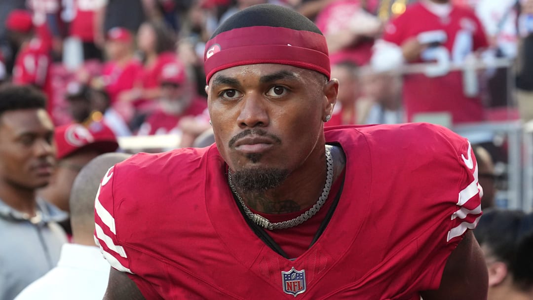 Oct 19, 2025; Santa Clara, California, USA; San Francisco 49ers wide receiver Kendrick Bourne (84) before the game against the Atlanta Falcons at Levi's Stadium. Mandatory Credit: Darren Yamashita-Imagn Images