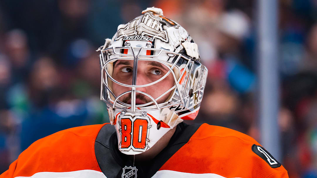 Dec 30, 2025; Vancouver, British Columbia, CAN; Philadelphia Flyers goalie Dan Vladar (80) during a stop in play against the Vancouver Canucks in the second period at Rogers Arena. Mandatory Credit: Bob Frid-Imagn Images