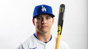 Feb 21, 2024; Glendale, AZ, USA; Los Angeles Dodgers outfielder Ryan Ward poses for a portrait during media day at Camelback Ranch. Mandatory Credit: Mark J. Rebilas-Imagn Images
