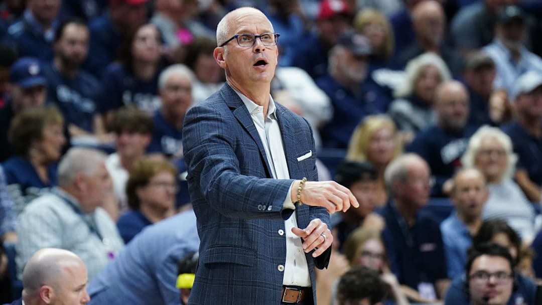 Nov 6, 2024; Storrs, Connecticut, USA; Connecticut Huskies head coach Dan Hurley watches from the sideline as they take on the Sacred Heart Pioneers at Harry A. Gampel Pavilion. Mandatory Credit: David Butler II-Imagn Images