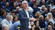 Nov 6, 2024; Storrs, Connecticut, USA; Connecticut Huskies head coach Dan Hurley watches from the sideline as they take on the Sacred Heart Pioneers at Harry A. Gampel Pavilion. Mandatory Credit: David Butler II-Imagn Images