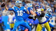 Detroit Lions quarterback Jared Goff (16) makes a pass against Los Angeles Rams during the second half at Ford Field 