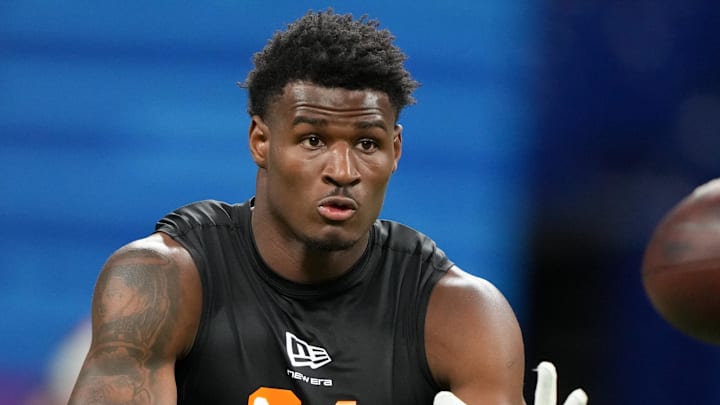 Feb 28, 2026; Indianapolis, IN, USA; Georgia State wideout Ted Hurst (WO24) during the NFL Scouting Combine at Lucas Oil Stadium. Mandatory Credit: Kirby Lee-Imagn Images