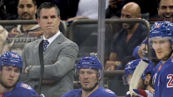 Mar 16, 2026; New York, New York, USA; New York Rangers head coach Mike Sullivan reacts during the first period against the Los Angeles Kings at Madison Square Garden. Mandatory Credit: Brad Penner-Imagn Images