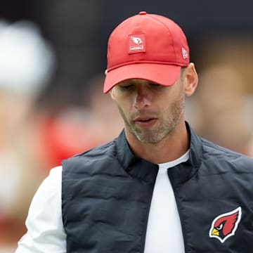 Oct 19, 2025; Glendale, Arizona, USA; Arizona Cardinals head coach Jonathan Gannon reacts against the Green Bay Packers at State Farm Stadium. Mandatory Credit: Mark J. Rebilas-Imagn Images