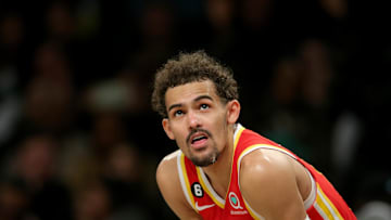 Atlanta Hawks guard Trae Young (11) reacts during the fourth quarter against the Brooklyn Nets at Barclays Center