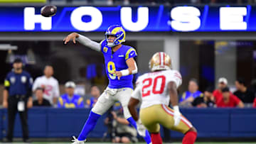Oct 2, 2025; Inglewood, California, USA; Los Angeles Rams quarterback Matthew Stafford (9) throws a pass against the San Francisco 49ers during the first half at SoFi Stadium. Mandatory Credit: Gary A. Vasquez-Imagn Images
