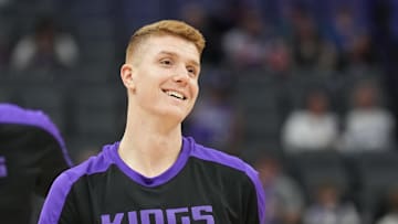 Dec 8, 2024; Sacramento, California, USA; Sacramento Kings guard Kevin Huerter (9) before the game against the Utah Jazz at Golden 1 Center. Mandatory Credit: Darren Yamashita-Imagn Images