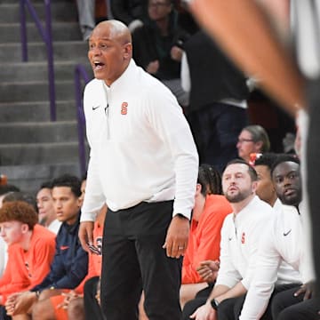 Syracuse Head Coach Adrian Autry communicates with players in the game with Clemson during the second half at Littlejohn Coliseum in Clemson, S.C Wednesday, January 22, 2025.