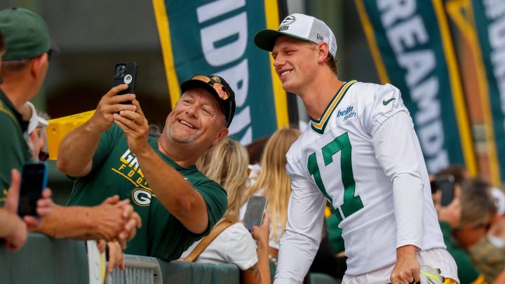 Green Bay Packers kicker Anders Carlson (17) poses for a photo at training camp on July 24.