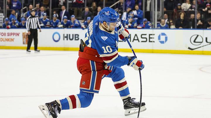 Dec 13, 2025; New York, New York, USA;  New York Rangers left wing Artemi Panarin (10) attempts a shot on goal in overtime against the Montréal Canadiens at Madison Square Garden. Mandatory Credit: Wendell Cruz-Imagn Images