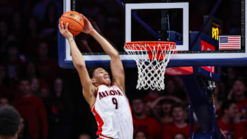 Mar 4, 2025; Tucson, Arizona, USA; Arizona Wildcats forward Carter Bryant (9) dunks the ball during the first half against the Arizona State Sun Devils at McKale Center. Mandatory Credit: Aryanna Frank-Imagn Images