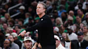 Nov 5, 2025; Boston, Massachusetts, USA; Washington Wizards Head Coach Brian Keefe watches from the sideline as they take on the Boston Celtics at TD Garden. Mandatory Credit: David Butler II-Imagn Images