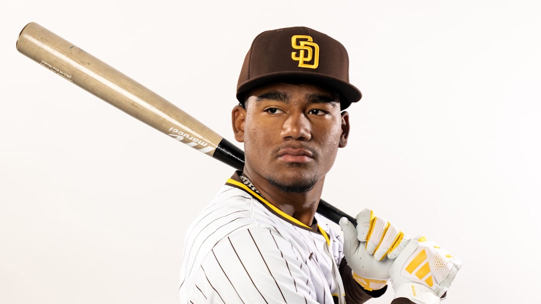 Peoria, AZ, USA; San Diego Padres infielder Leodalis De Vries poses for a portrait during Media Day at Peoria Sports Complex.