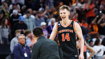 Mar 18, 2023; Sacramento, CA, USA; Princeton Tigers guard Matt Allocco (14) smiles after defeating the Missouri Tigers at Golden 1 Center. Mandatory Credit: Kelley L Cox-USA TODAY Sports