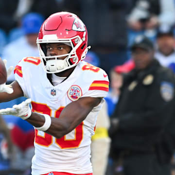Nov 2, 2025; Orchard Park, New York, USA; Kansas City Chiefs wide receiver Tyquan Thornton (80) warms up before the game against the Buffalo Bills at Highmark Stadium. Mandatory Credit: Mark Konezny-Imagn Images