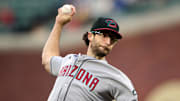 Sep 9, 2025; San Francisco, California, USA; Arizona Diamondbacks starting pitcher Zac Gallen (23) throws a pitch against the San Francisco Giants during the first inning at Oracle Park. Mandatory Credit: Robert Edwards-Imagn Images