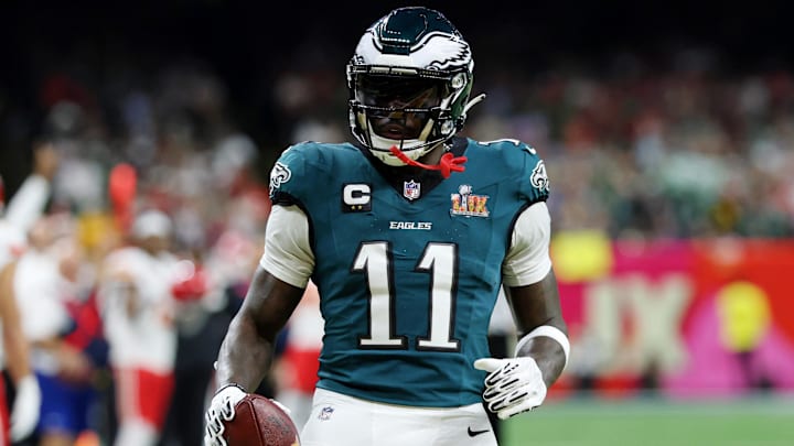 Feb 9, 2025; New Orleans, LA, USA; Philadelphia Eagles wide receiver A.J. Brown (11) reacts after making a catch against the Kansas City Chiefs during the first half of Super Bowl LIX at Caesars Superdome. Feb 9, 2025; New Orleans, LA, USA; Philadelphia Eagles wide receiver A.J. Brown (11) reacts after making a catch against the Kansas City Chiefs during the first half of Super Bowl LIX at Caesars Superdome.