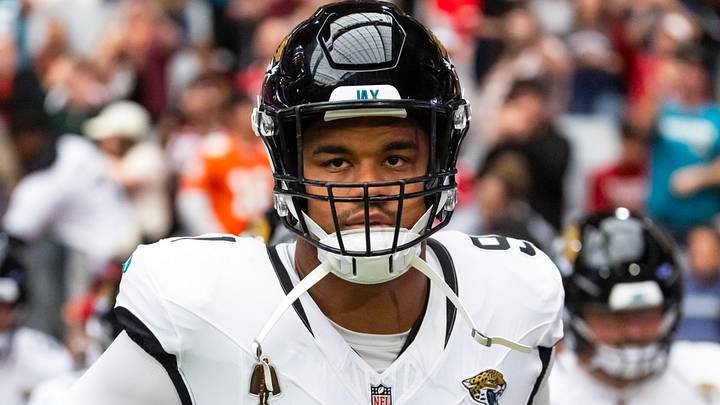 Nov 23, 2025; Glendale, Arizona, USA; Jacksonville Jaguars defensive tackle Arik Armstead (91) against the Arizona Cardinals at State Farm Stadium. Mandatory Credit: Mark J. Rebilas-Imagn Images