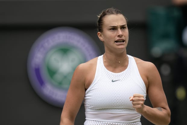Aryna Sabalenka reacts to a point during her match at Wimbledon.