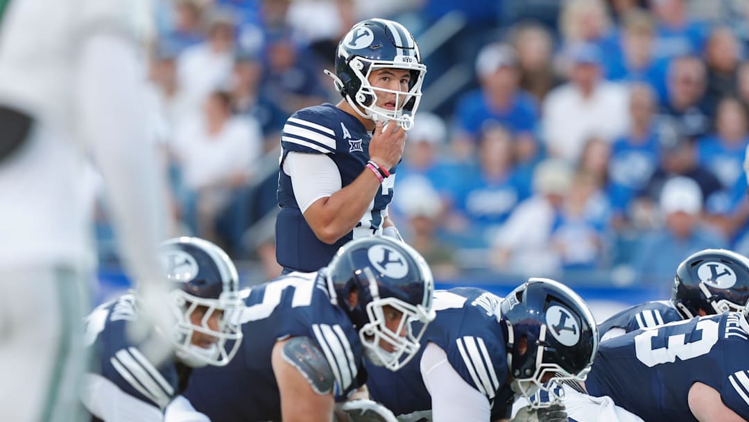 BYU's Bear Bachmeier prepares to snap the football vs Portland State