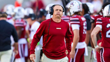 Oct 25, 2025; Columbia, South Carolina, USA; South Carolina Gamecocks head coach Shane Beamer reacts to a play against the Alabama Crimson Tide in the second quarter at Williams-Brice Stadium. Mandatory Credit: Jeff Blake-Imagn Images