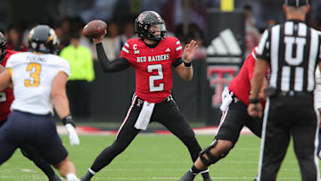 Sep 6, 2025; Lubbock, Texas, USA;  Texas Tech Red Raiders quarterback Behren Morton (2) passes against the Kent State Golden Flashes in the first half at Jones AT&T Stadium. Mandatory Credit: Michael C. Johnson-Imagn Images