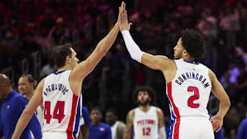 Dec 30, 2023; Detroit, Michigan, USA;  Detroit Pistons forward Bojan Bogdanovic (44) and guard Cade