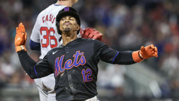 Sep 2, 2024; New York City, New York, USA;  New York Mets shortstop Francisco Lindor (12) celebrates after hitting a RBI single in the fourth inning against the Boston Red Sox at Citi Field. Mandatory Credit: Wendell Cruz-USA TODAY Sports