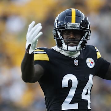 Aug 17, 2024; Pittsburgh, Pennsylvania, USA;  Pittsburgh Steelers cornerback Joey Porter Jr. (24) gestures to the crowd against the Buffalo Bills during the second quarter at Acrisure Stadium. Mandatory Credit: Charles LeClaire-Imagn Images