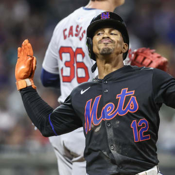 Sep 2, 2024; New York City, New York, USA;  New York Mets shortstop Francisco Lindor (12) celebrates after hitting a RBI single in the fourth inning against the Boston Red Sox at Citi Field. Mandatory Credit: Wendell Cruz-USA TODAY Sports