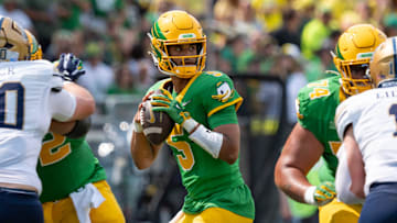 Oregon quarterback Dante Moore looks to pass as the Oregon Ducks host the Montana State Bobcats on Aug. 30, 2025, at Autzen Stadium in Eugene, Oregon.