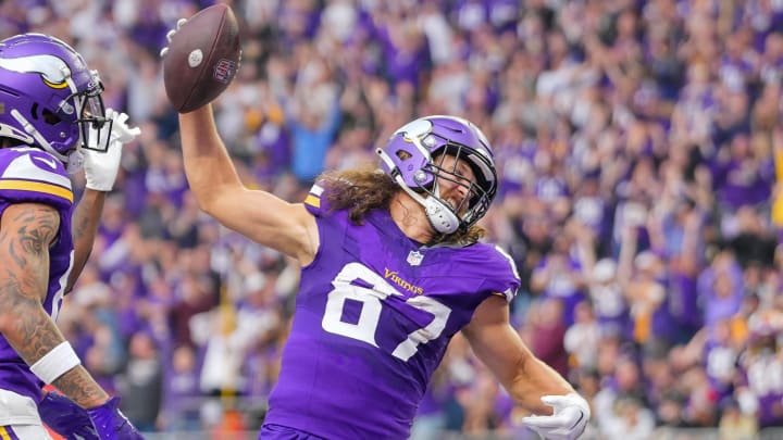 Nov 12, 2023; Minneapolis, Minnesota, USA; Minnesota Vikings tight end T.J. Hockenson (87) celebrates his touchdown against the New Orleans Saints in the second quarter at U.S. Bank Stadium.