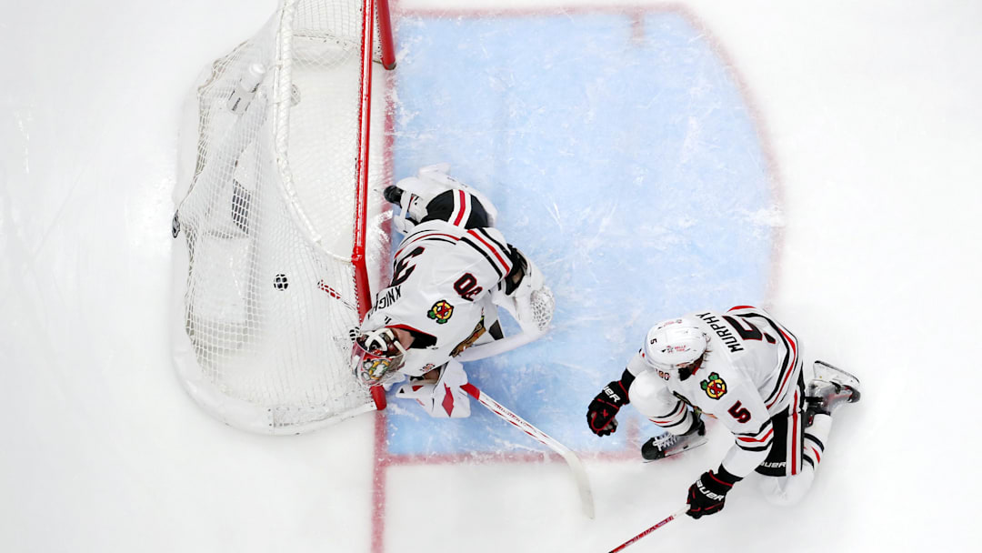 Feb 4, 2026; Columbus, Ohio, USA; The shot from Columbus Blue Jackets defenseman Danton Heinen (43) (not pictured) beats Chicago Blackhawks goalie Spencer Knight (30) for a goal during the second period at Nationwide Arena. Mandatory Credit: Russell LaBounty-Imagn Images Feb 4, 2026; Columbus, Ohio, USA; The shot from Columbus Blue Jackets defenseman Danton Heinen (43) (not pictured) beats Chicago Blackhawks goalie Spencer Knight (30) for a goal during the second period at Nationwide Arena. Mandatory Credit: Russell LaBounty-Imagn Images