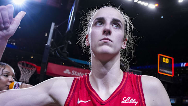 Sep 8, 2024; Indianapolis, Indiana, USA; Indiana Fever guard Caitlin Clark (22) gives a thumbs up to fans after an interview Sunday, Sept. 8, 2024, during a game between the Indiana Fever and the Atlanta Dream at Gainbridge Fieldhouse. Mandatory Credit: Grace Smith/USA TODAY Network via Imagn Images