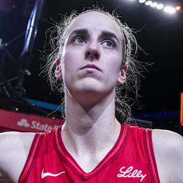 Sep 8, 2024; Indianapolis, Indiana, USA; Indiana Fever guard Caitlin Clark (22) gives a thumbs up to fans after an interview Sunday, Sept. 8, 2024, during a game between the Indiana Fever and the Atlanta Dream at Gainbridge Fieldhouse. Mandatory Credit: Grace Smith/USA TODAY Network via Imagn Images