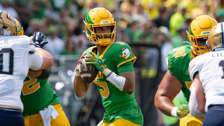 Oregon quarterback Dante Moore looks to pass as the Oregon Ducks host the Montana State Bobcats on Aug. 30, 2025, at Autzen Stadium in Eugene, Oregon.