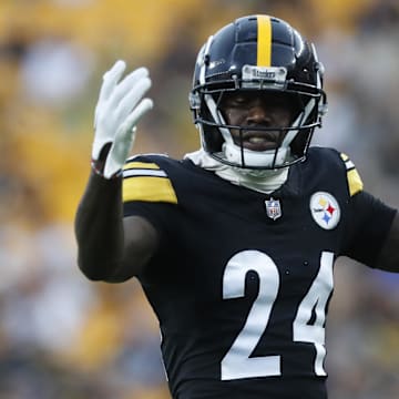 Aug 17, 2024; Pittsburgh, Pennsylvania, USA;  Pittsburgh Steelers cornerback Joey Porter Jr. (24) gestures to the crowd against the Buffalo Bills during the second quarter at Acrisure Stadium. Mandatory Credit: Charles LeClaire-Imagn Images