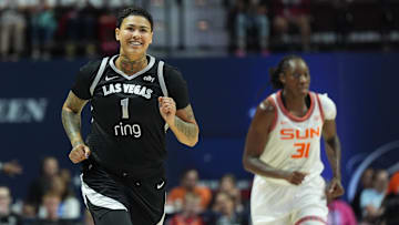 Jul 6, 2025; Uncasville, Connecticut, USA; Las Vegas Aces forward Kierstan Bell (1) reacts after her three point basket against the Connecticut Sun in the second half at Mohegan Sun Arena. Mandatory Credit: David Butler II-Imagn Images