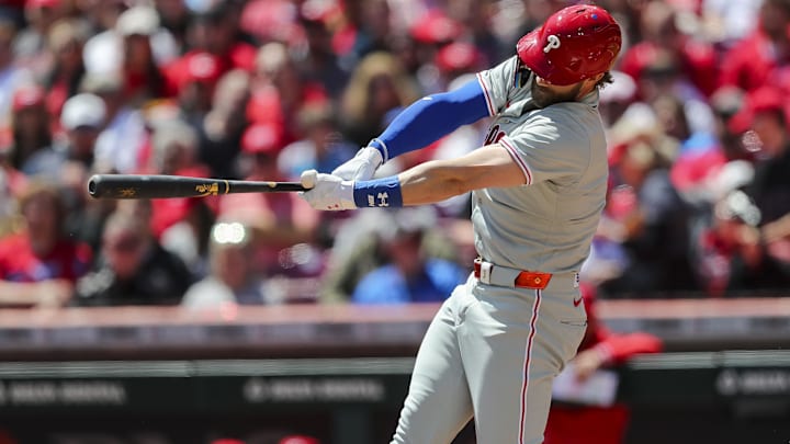 Apr 25, 2024; Cincinnati, Ohio, USA; Philadelphia Phillies first baseman Bryce Harper (3) hits a home run vs. the Cincinnati Reds. Apr 25, 2024; Cincinnati, Ohio, USA; Philadelphia Phillies first baseman Bryce Harper (3) hits a home run vs. the Cincinnati Reds.