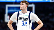 Oct 22, 2025; Dallas, Texas, USA;  Dallas Mavericks forward Cooper Flagg (32) reacts against the San Antonio Spurs  during the second half at American Airlines Center. Mandatory Credit: Kevin Jairaj-Imagn Images
