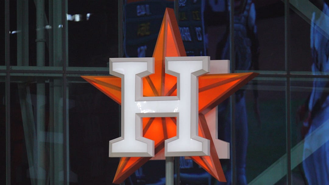 Oct 22, 2019; Houston, TX, USA; The Houston Astros logo is seen during the third inning of game one of the 2019 World Series against the Washington Nationals at Minute Maid Park. Mandatory Credit: Erik Williams-Imagn Images