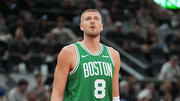 Mar 29, 2025; San Antonio, Texas, USA;  Boston Celtics center Kristaps Porzingis (8) looks up in the second half against the San Antonio Spurs at Frost Bank Center. Mandatory Credit: Daniel Dunn-Imagn Images