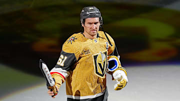 Oct 22, 2024; Las Vegas, Nevada, USA; Vegas Golden Knights right wing Mark Stone (61) is named Second Star of the Game after the Golden Knights defeated the Los Angeles Kings at T-Mobile Arena. Mandatory Credit: Stephen R. Sylvanie-Imagn Images