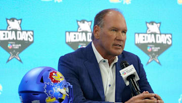 Jul 9, 2025; Frisco, TX, USA; Kansas head coach Lance Leipold speaks with the media during 2025 Big 12 Football Media Days at The Star. Mandatory Credit: Raymond Carlin III-Imagn Images