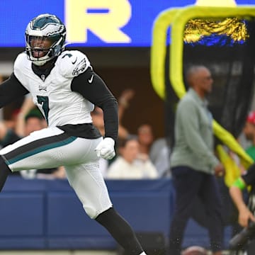 Oct 8, 2023; Inglewood, California, USA; Philadelphia Eagles linebacker Haason Reddick (7) celebrates after sacking Los Angeles Rams quarterback Matthew Stafford (9) during the second half at SoFi Stadium. Mandatory Credit: Gary A. Vasquez-Imagn Images