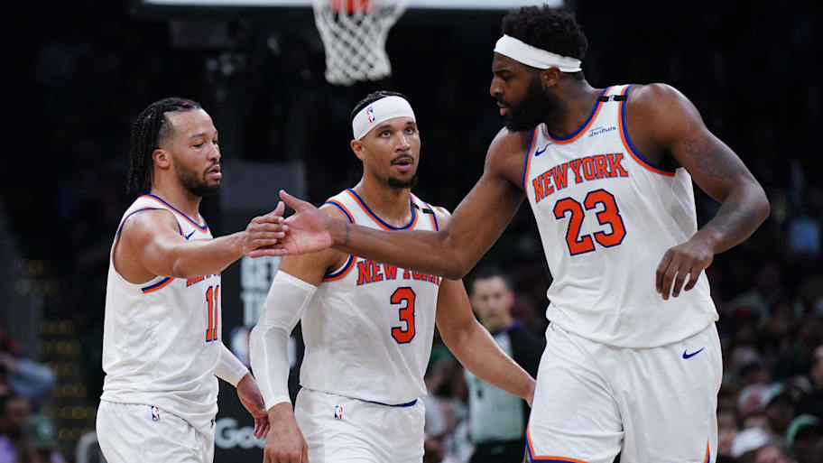 New York Knicks guard Jalen Brunson, guard Josh Hart and center Mitchell Robinson react after a play against the Boston Celtics. | David Butler II-Imagn Images