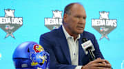Jul 9, 2025; Frisco, TX, USA; Kansas head coach Lance Leipold speaks with the media during 2025 Big 12 Football Media Days at The Star. Mandatory Credit: Raymond Carlin III-Imagn Images