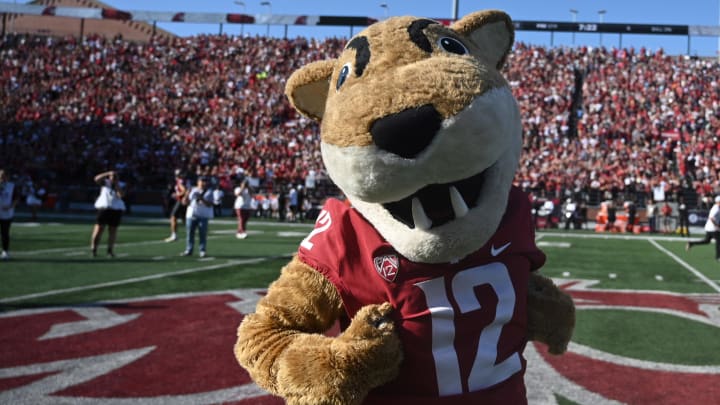 Sep 9, 2023; Pullman, Washington, USA; Washington State Cougars mascot Butch performs against the Wisconsin Badgers in the first half at Gesa Field at Martin Stadium. Mandatory Credit: James Snook-USA TODAY Sports