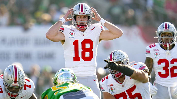 Ohio State Buckeyes quarterback Will Howard (18) motions at the line of scrimmage during the College Football Playoff quarterfinal against the Oregon Ducks at the Rose Bowl in Pasadena, Calif. on Jan. 1, 2025. Ohio State won 41-21.